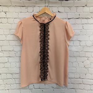 Pink with Black Lace Blouse with Ruffled Collar